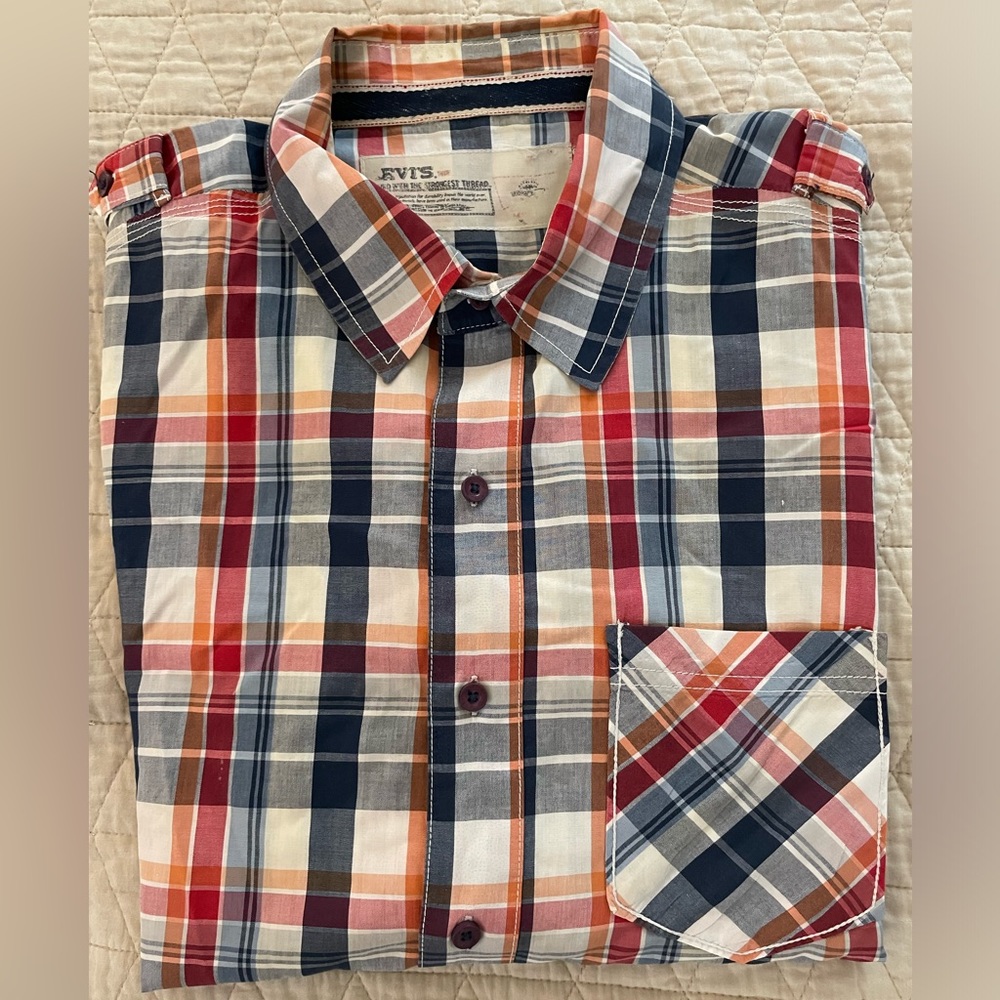 LEVI’S Vintage Short Sleeve Check Plaid LightweightCotton Epaulette Shirt Size M